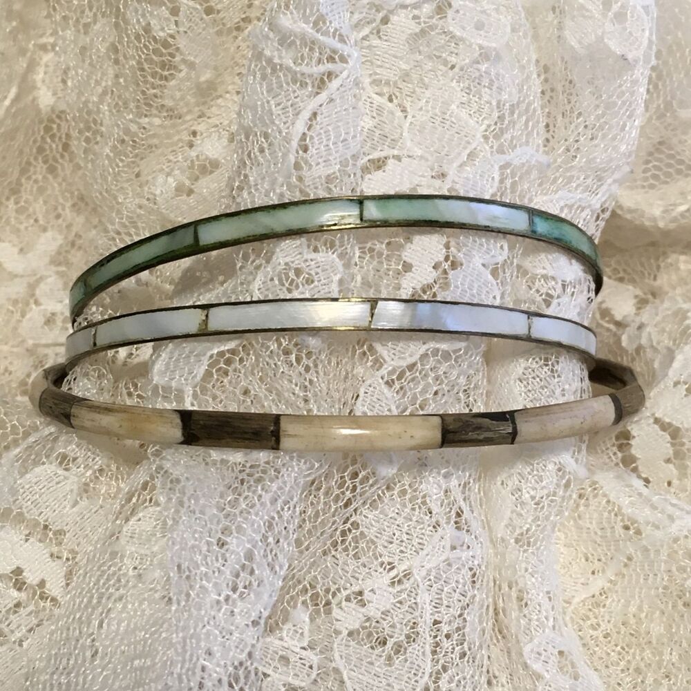 Vintage Stackable Brass and Mother-of-Pearl Shell Inlay Bangle Bracelets